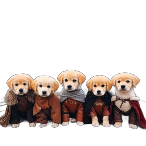 staff, pixel art, anime, concept art, five, costumed, golden, retriever transparent PNG cut-out