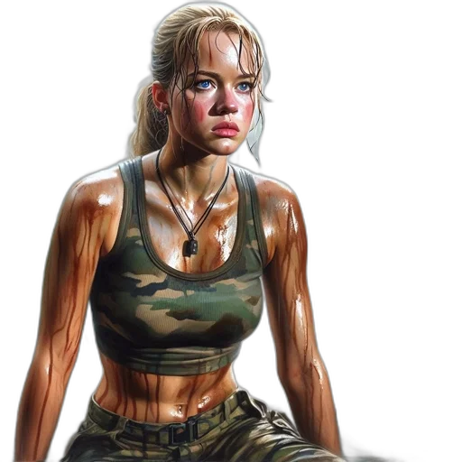 photorealistic, concept art, comic book art, oil painting, distressed, woman, camouflage, gear transparent PNG cut-out