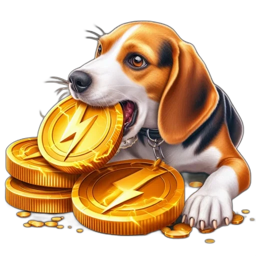 photorealistic, concept art, determined, beagle, holds, gold, coin, lightning transparent PNG cut-out