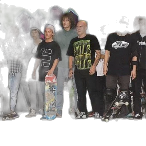 staff, 3d render, photorealistic, concept art, group, skateboarders, stands, together transparent PNG cut-out