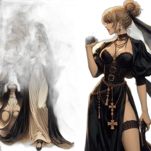 dress, concept art, fantasy art, comic book art, anime, fire, dark, monochrome transparent PNG cut-out
