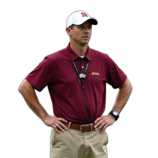 staff, man, wearing, maroon, polo, shirt, khaki, pants transparent PNG cut-out