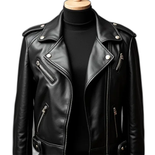 jacket, black, leather, silver, zippers, buttons, displayed, mannequin transparent PNG cut-out