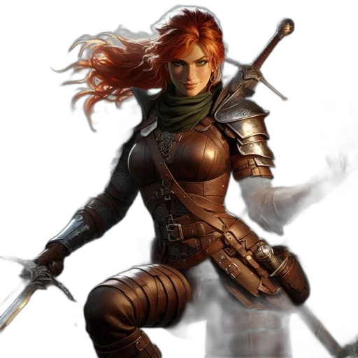 fantasy art, concept art, comic book art, pixel art, redhead, warrior, stands, amidst transparent PNG cut-out