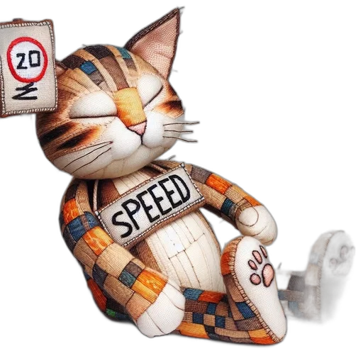 3d render, concept art, photorealistic, colorful, sewn, cat, figure, speed transparent PNG cut-out