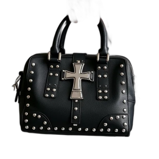 person, holding, black, leather, handbag, silver, cross-shaped, buckle transparent PNG cut-out
