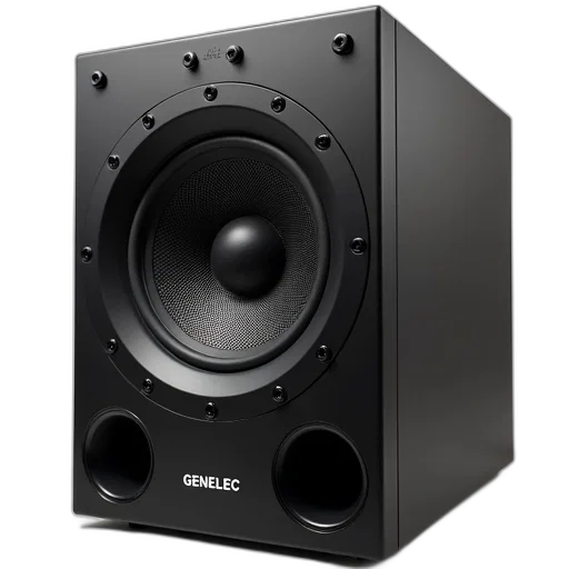 black, computer, speaker, circular, grill, genelec, logo, front transparent PNG cut-out