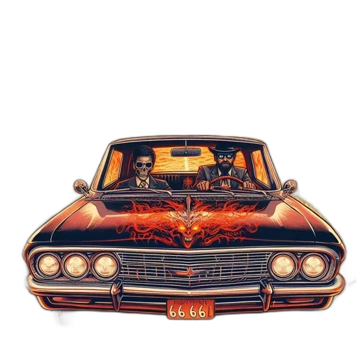car, concept art, comic book art, photorealistic, pixel art, fire, fiery, route transparent PNG cut-out