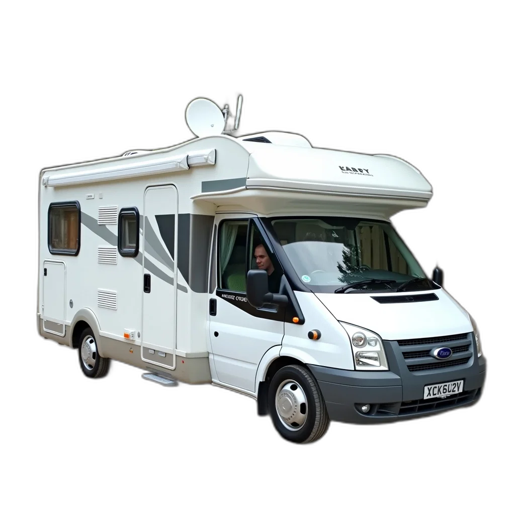 3d render, white, motorhome, parked, gravel, surface, has, prominent transparent PNG cut-out