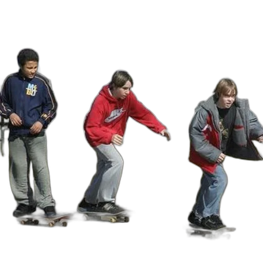 3d render, concept art, three, boys, skateboarding, park, snow, piles transparent PNG cut-out