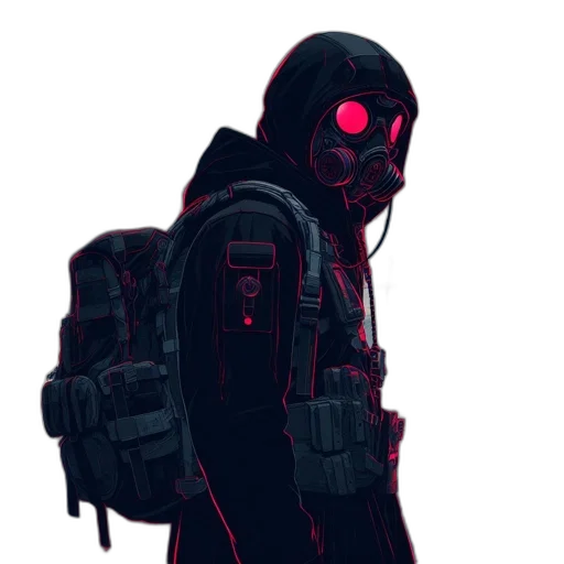 jacket, mask, robot, weapon, concept art, cyberpunk, pixel art, comic book art transparent PNG cut-out