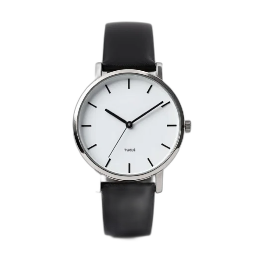 monochrome, black, wristwatch, silver, face, strap, displayed, against transparent PNG cut-out