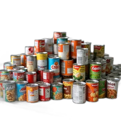 food, large, collection, canned, goods, displayed, table, cans transparent PNG cut-out