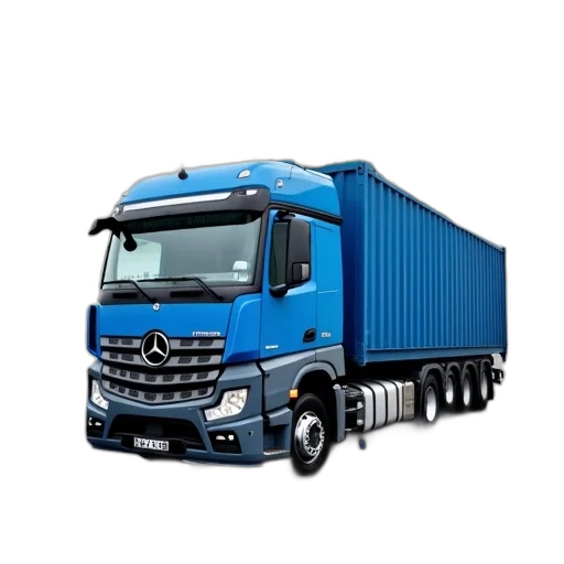 photorealistic, 3d render, concept art, blue, mercedes-benz, truck, parked, front transparent PNG cut-out