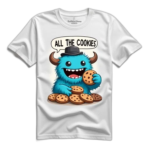 white, t-shirt, cartoon, character, blue, monster, holding, cookie transparent PNG cut-out