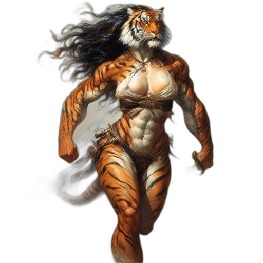 animal, creature, fantasy art, concept art, comic book art, photorealistic, anthropomorphic, tiger-woman transparent PNG cut-out