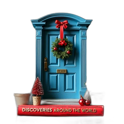 3d render, detailed, miniature, scene, blue, door, wreath, flanked transparent PNG cut-out