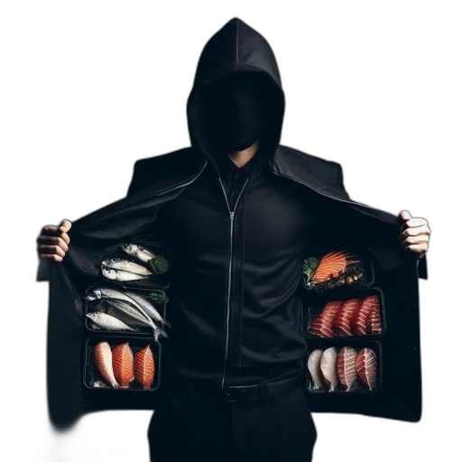 jacket, food, concept art, photorealistic, pixel art, individual, wears, black transparent PNG cut-out