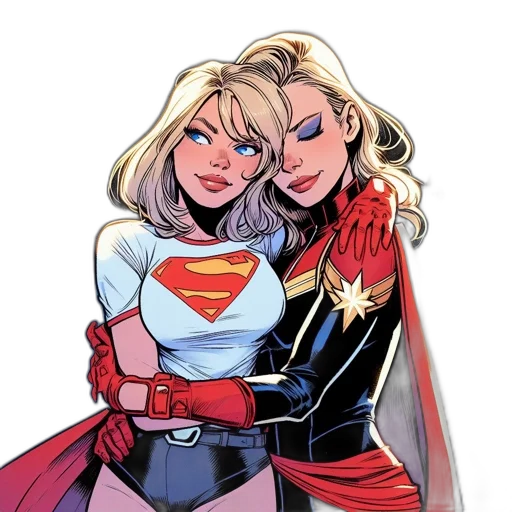 comic book art, concept art, cartoon, two, female, superheroes, one, wearing transparent PNG cut-out