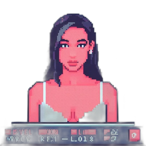 dress, jewelry, face, jacket, pixel art, vaporwave, concept art, cartoon transparent PNG cut-out