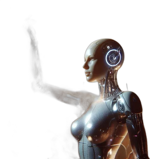 robot, jewelry, dress, cyberpunk, concept art, 3d render, comic book art, anthropomorphic transparent PNG cut-out