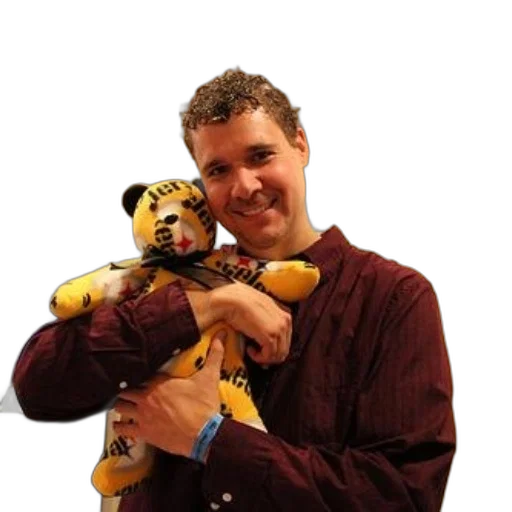 animal, staff, man, maroon, shirt, holds, yellow, stuffed transparent PNG cut-out