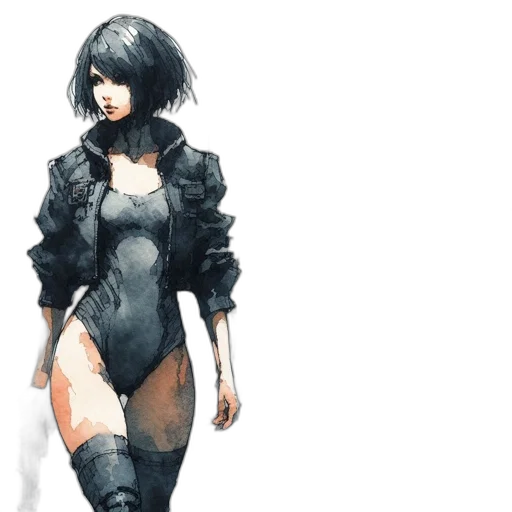 dress, jacket, concept art, cyberpunk, comic book art, fantasy art, monochrome, dark transparent PNG cut-out