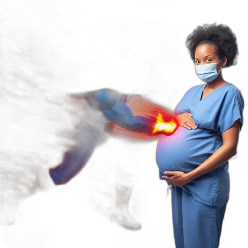 pregnant, woman, blue, scrubs, stands, beside, wall, featuring transparent PNG cut-out