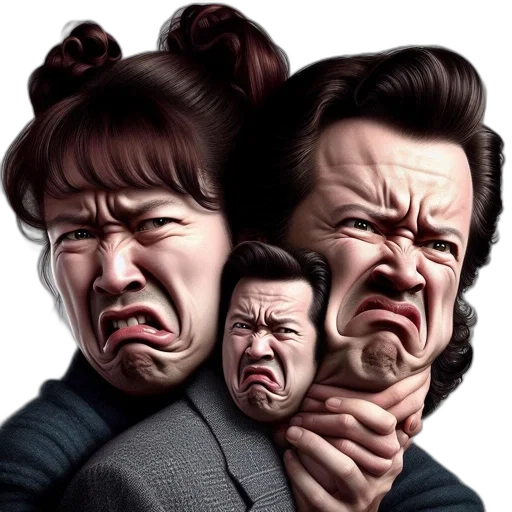face, photorealistic, concept art, comic book art, three, individuals, exhibit, exaggerated transparent PNG cut-out