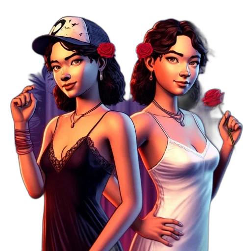 jewelry, concept art, pixel art, fantasy art, comic book art, fire, two, female transparent PNG cut-out