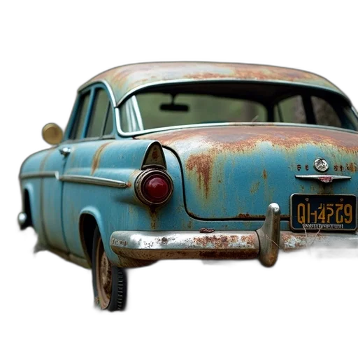 car, photorealistic, 3d render, blue, rusted, worn-out, vintage, faded transparent PNG cut-out