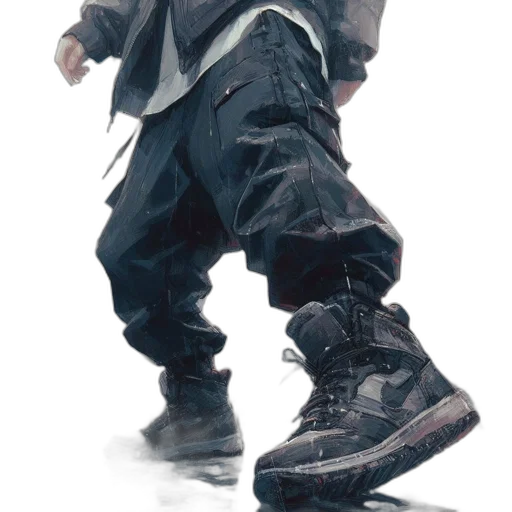 jacket, shoes, concept art, photorealistic, cyberpunk, 3d render, dark, monochrome transparent PNG cut-out