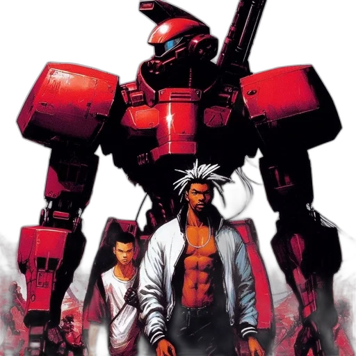 robot, concept art, comic book art, cyberpunk, red, three, men, stand transparent PNG cut-out