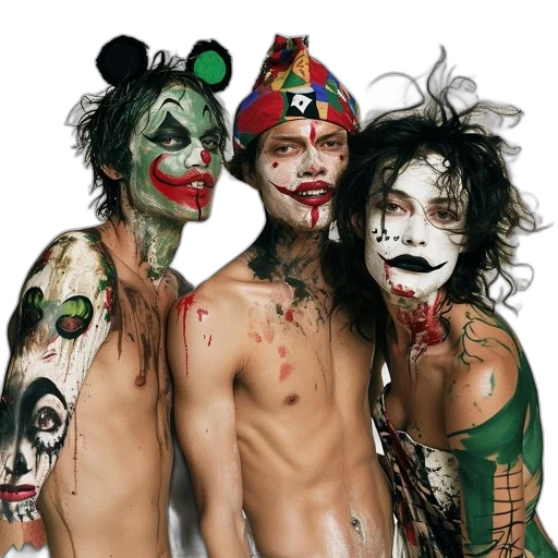 mask, photorealistic, three, figures, colorful, painted, faces, bodies transparent PNG cut-out