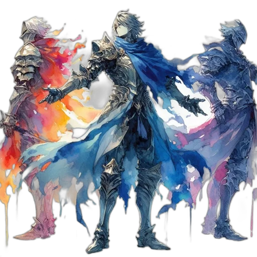 concept art, fantasy art, watercolor, blue, monochrome, dark, colorful, three transparent PNG cut-out