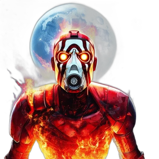 mask, robot, comic book art, concept art, cyberpunk, futuristic, metallic, fiery transparent PNG cut-out