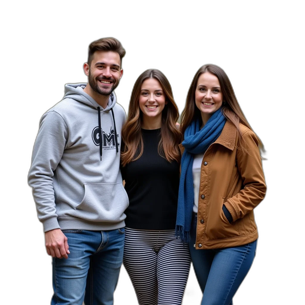 staff, jacket, face, robot, earth tones, group, three, friends transparent PNG cut-out