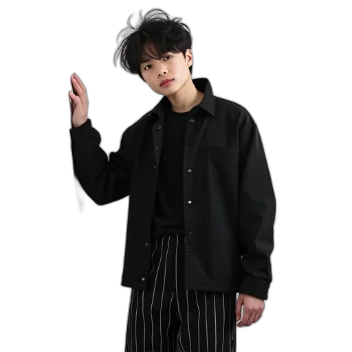 jacket, staff, monochrome, dark, person, messy, hairstyle, wearing transparent PNG cut-out