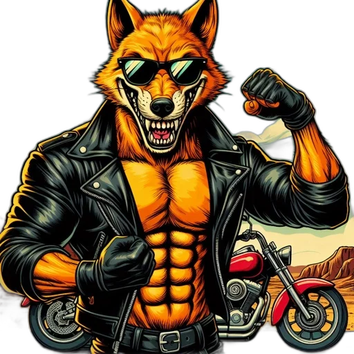 jacket, animal, comic book art, cartoon, concept art, pixel art, muscular, fox transparent PNG cut-out