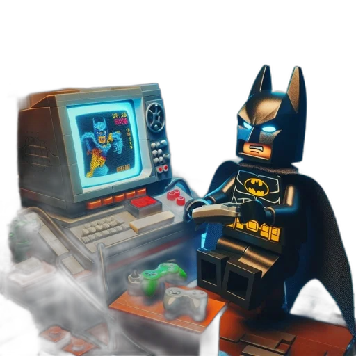robot, concept art, comic book art, 3d render, pixel art, batman, sits, desk transparent PNG cut-out
