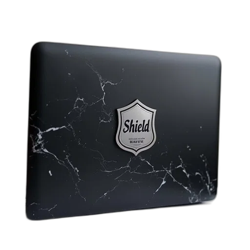 3d render, black, laptop, shield, sticker, cover, displayed, protective transparent PNG cut-out