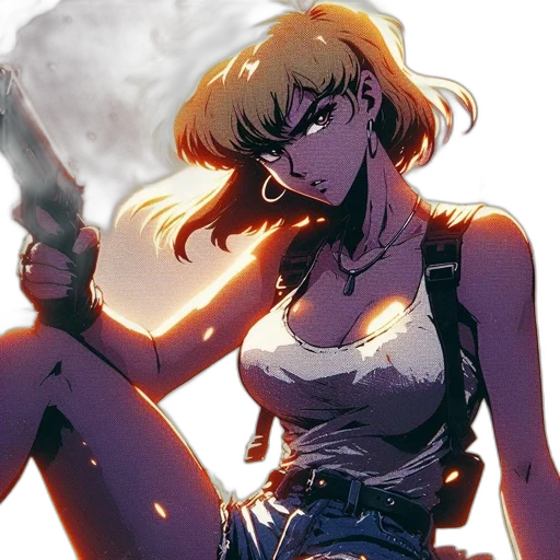 weapon, comic book art, concept art, cyberpunk, anime, fire, neon lights, blonde transparent PNG cut-out