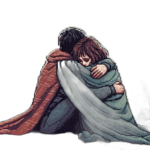 watercolor, pixel art, comic book art, concept art, snow, rain, fog, two transparent PNG cut-out