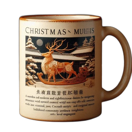 photorealistic, illustrated, ceramic, mug, features, stylized, reindeer, amidst transparent PNG cut-out