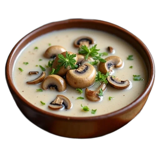 food, photorealistic, bowl, creamy, mushroom, soup, garnished, fresh transparent PNG cut-out