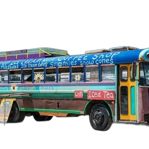 3d render, photorealistic, concept art, colorful, repurposed, school, bus, advertises transparent PNG cut-out