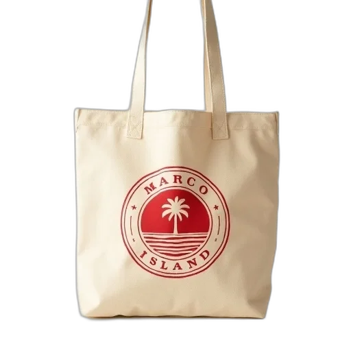 beige, tote, bag, red, logo, featuring, words, marco transparent PNG cut-out