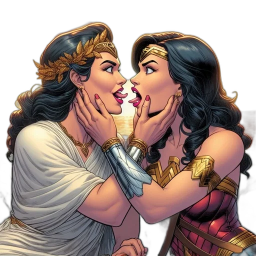 comic book art, two, women, stylized, exaggerated, fashion, wear, crowns transparent PNG cut-out