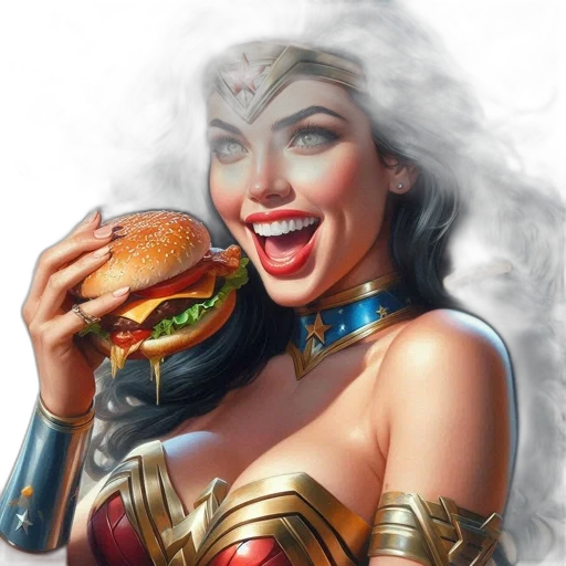 food, comic book art, fantasy art, photorealistic, concept art, woman, dressed, wonder transparent PNG cut-out