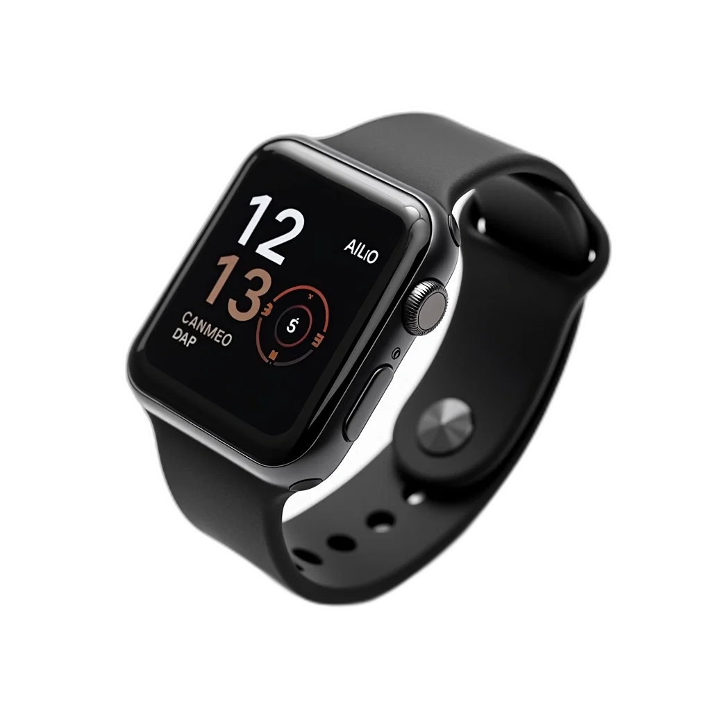 3d render, black, digital, smartwatch, strap, displayed, against, white transparent PNG cut-out